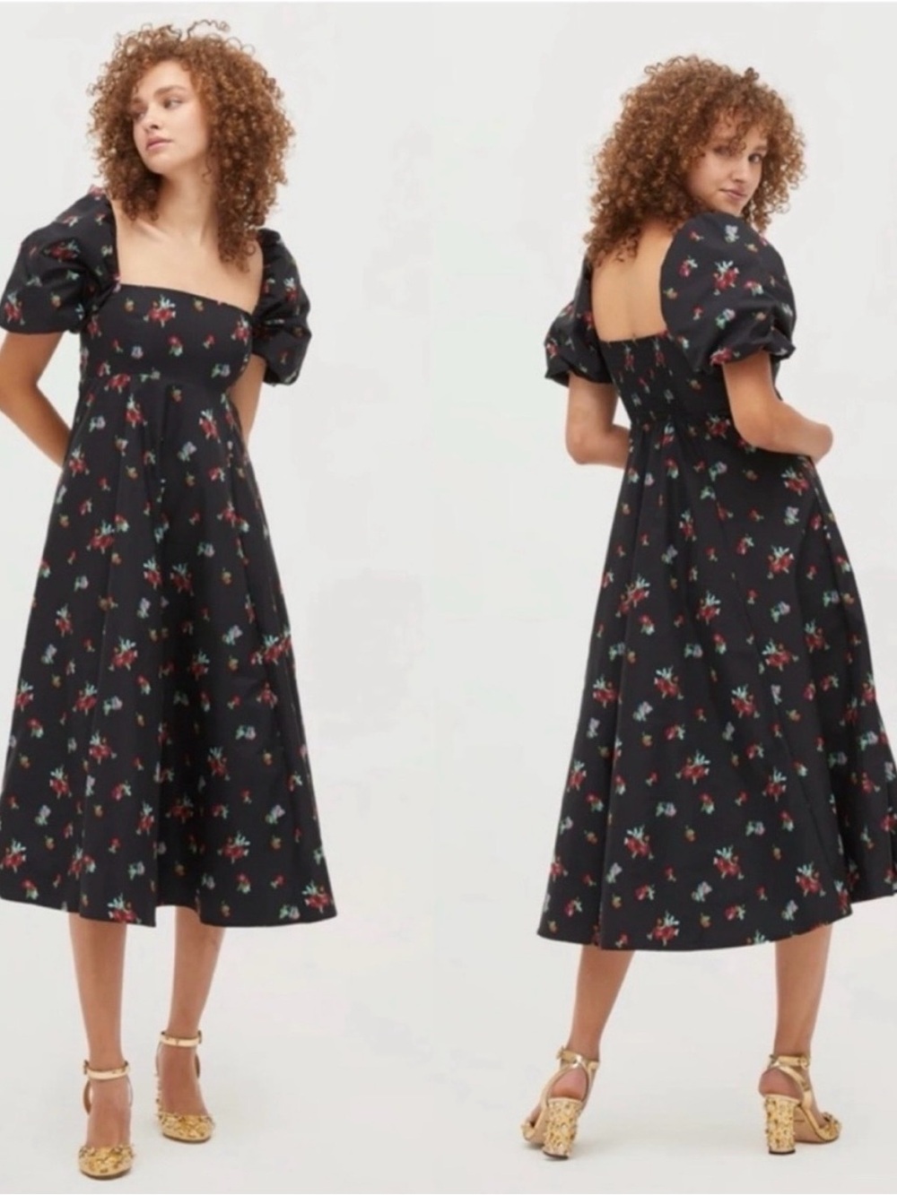 Hill House Black Floral Puff-Sleeve Midi Dress